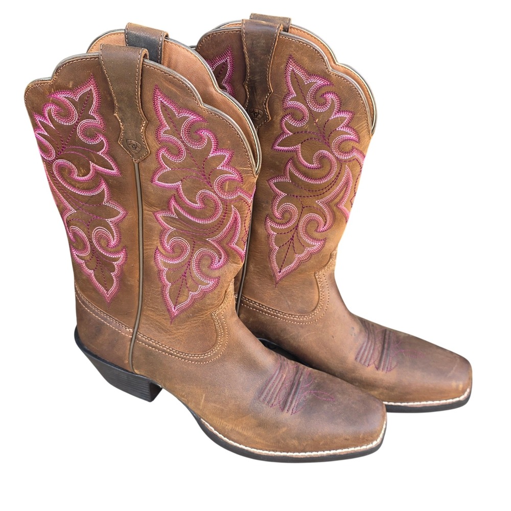 Ariat Heritage Western Boots Brown Leather Pink Stitching 10014172 Womens 8.5 B